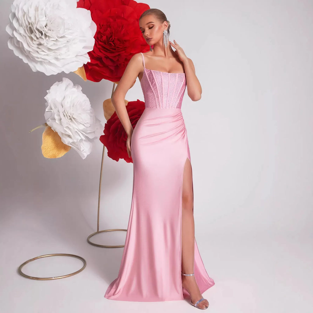 Pink Sling Fishbone Evening Gown Dress – Crystal Appliques, High Slit Mermaid Style - Styeenigma