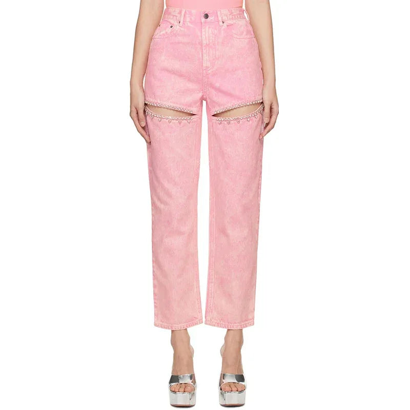 High Waist Long Rhinestone Hollow-Out Wide Leg Pants for Women