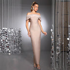 Off-the-Shoulder Beaded Bandage Dress – Rhinestone Embellished Evening Gown - Styeenigma
