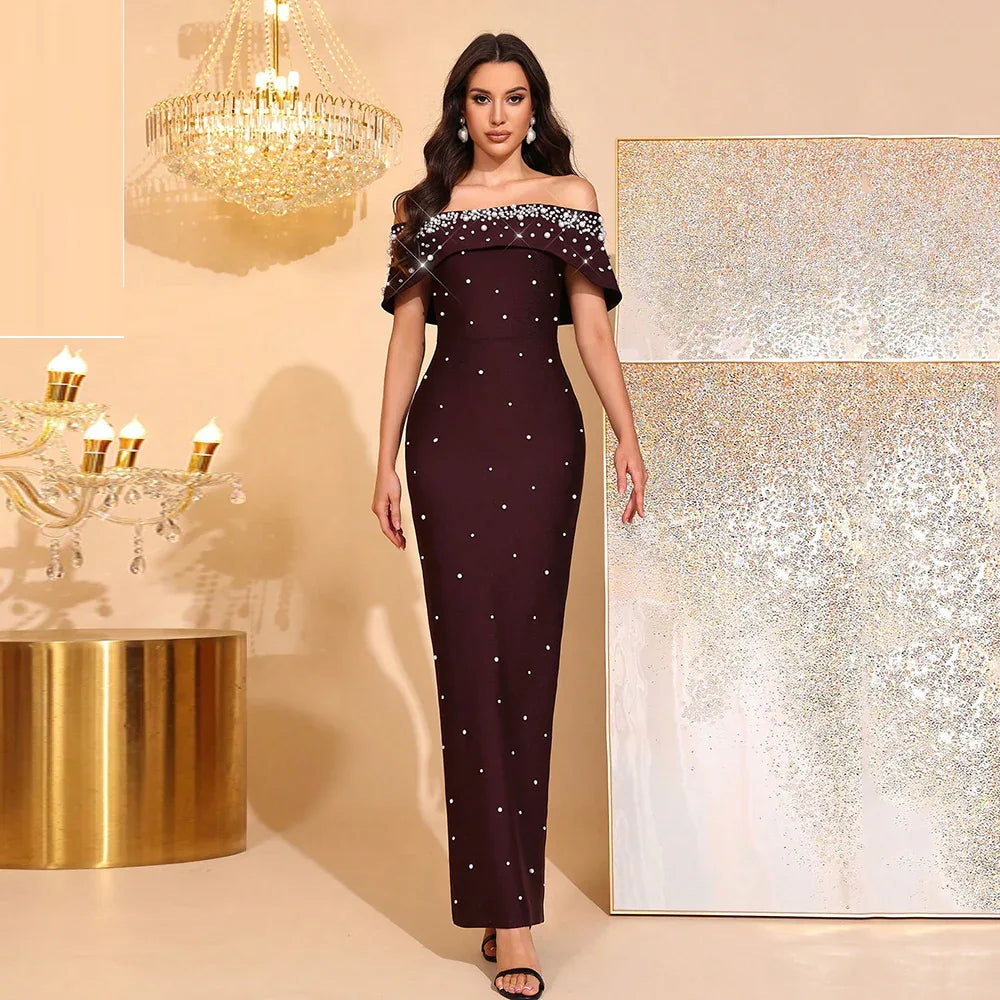 Off-the-Shoulder Beaded Bandage Dress – Rhinestone Embellished Evening Gown - Styeenigma