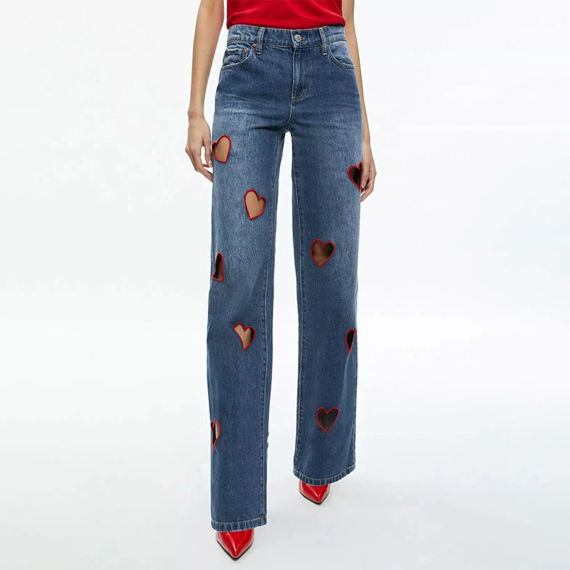 Straight-Leg High-Waist Denim Jeans – Hollow Heart Cut-Out Detail Pants