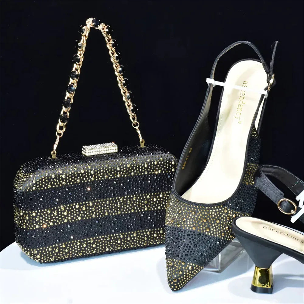 Sequin Stiletto Sandals & Faux-Lock Hardbox Bag Evening Set - Styeenigma