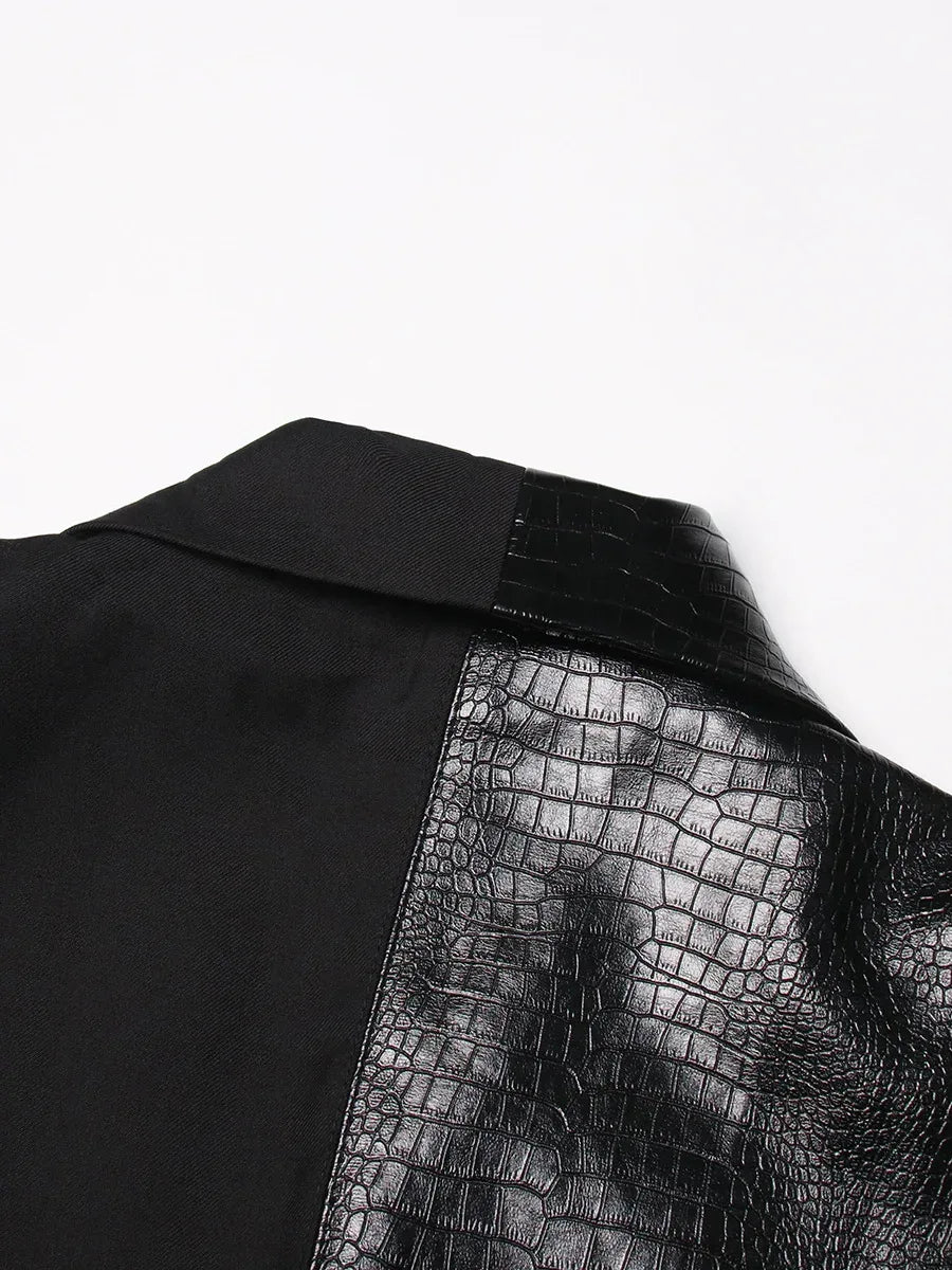 Crocodile Embossed Leather Patchwork V-Neck Vest for Women - Styeenigma