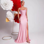 Pink Sling Fishbone Evening Gown Dress – Crystal Appliques, High Slit Mermaid Style - Styeenigma