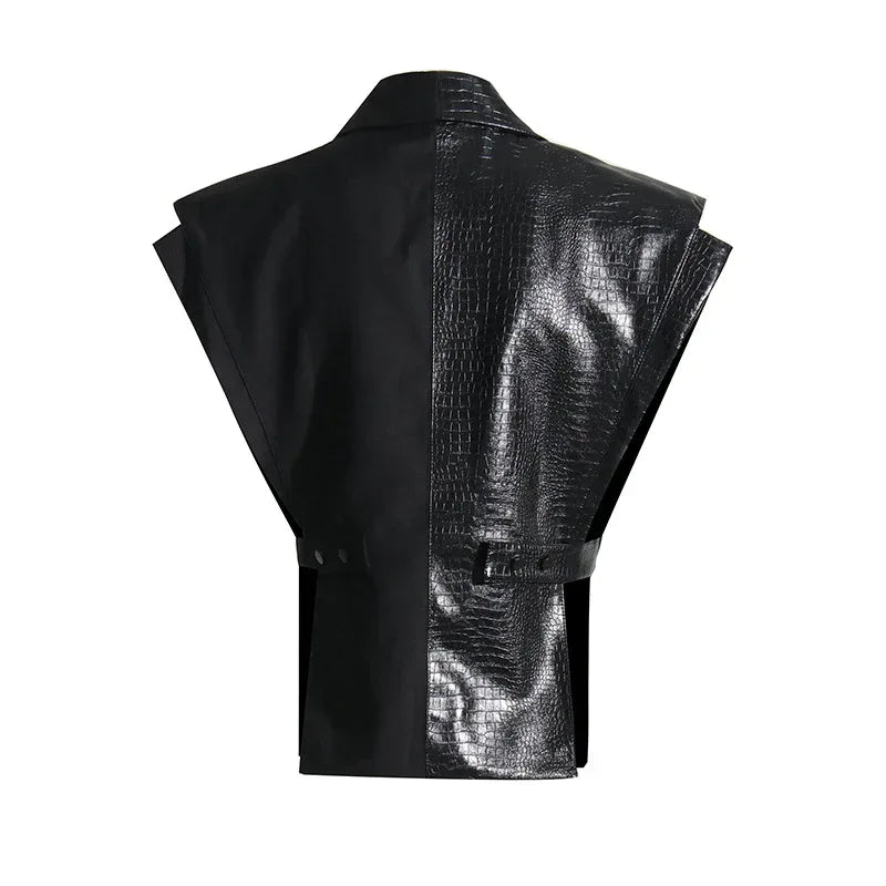 Crocodile Embossed Leather Patchwork V-Neck Vest for Women - Styeenigma
