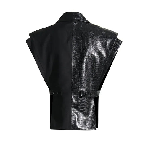 Crocodile Embossed Leather Patchwork V-Neck Vest for Women - Styeenigma