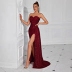 Strapless Evening Maxi Dress with High Slit – Long Sequin Prom Dress - Styeenigma