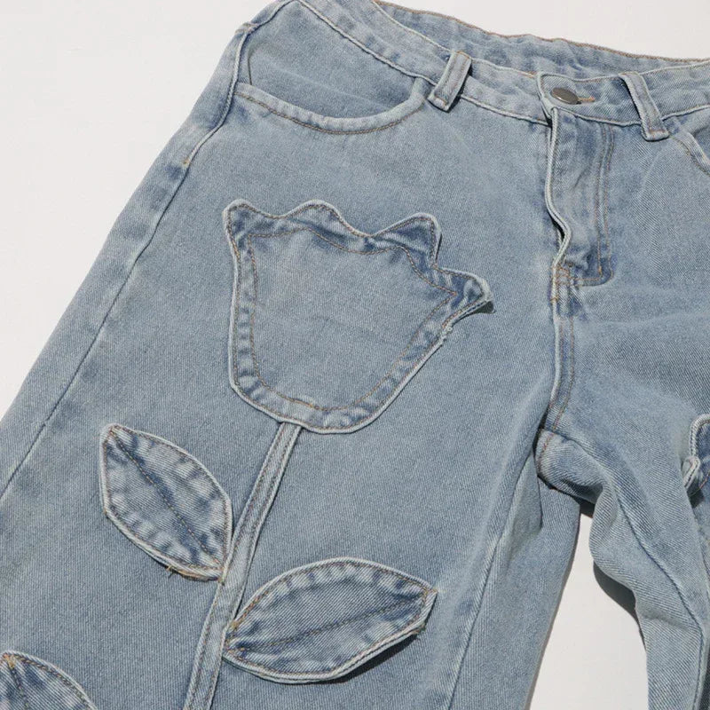 Street Style Floral Patchwork High Waist Straight Denim Jeans - Styeenigma