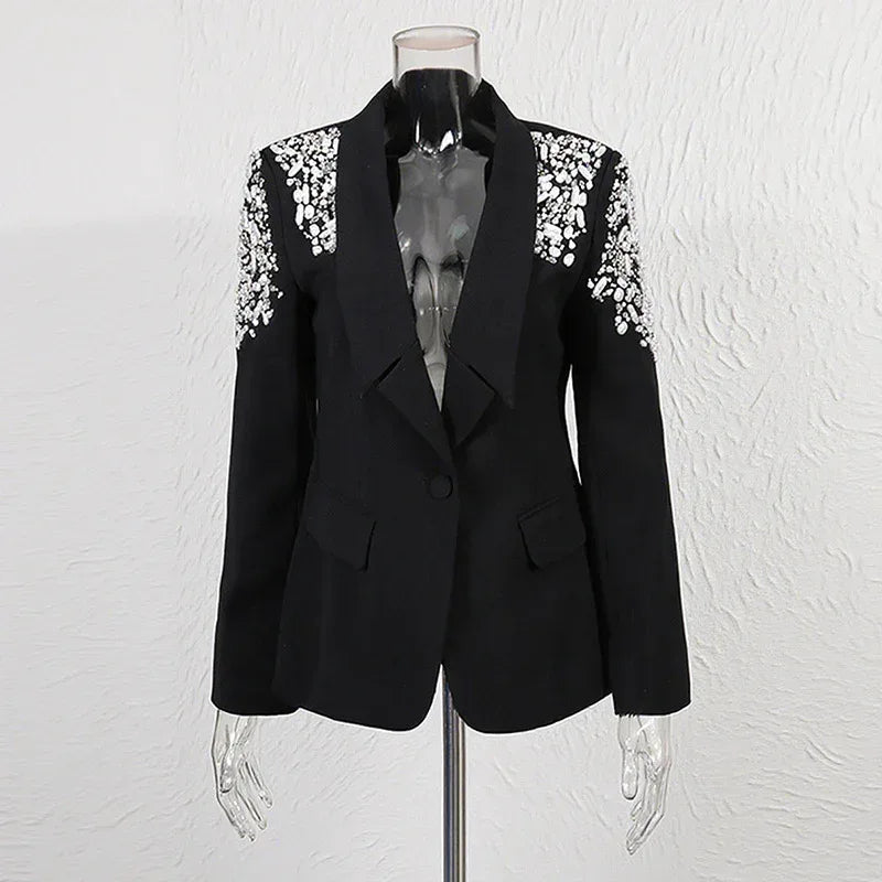 Women’s Black Suit Two-Piece Set – Rhinestone Blazer & High-Waist Straight Leg Pantsuit - Styeenigma