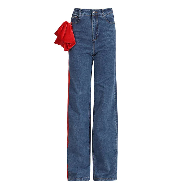 Bowknot Patchwork Straight Denim Jeans – Women’s Mid Waist Blue