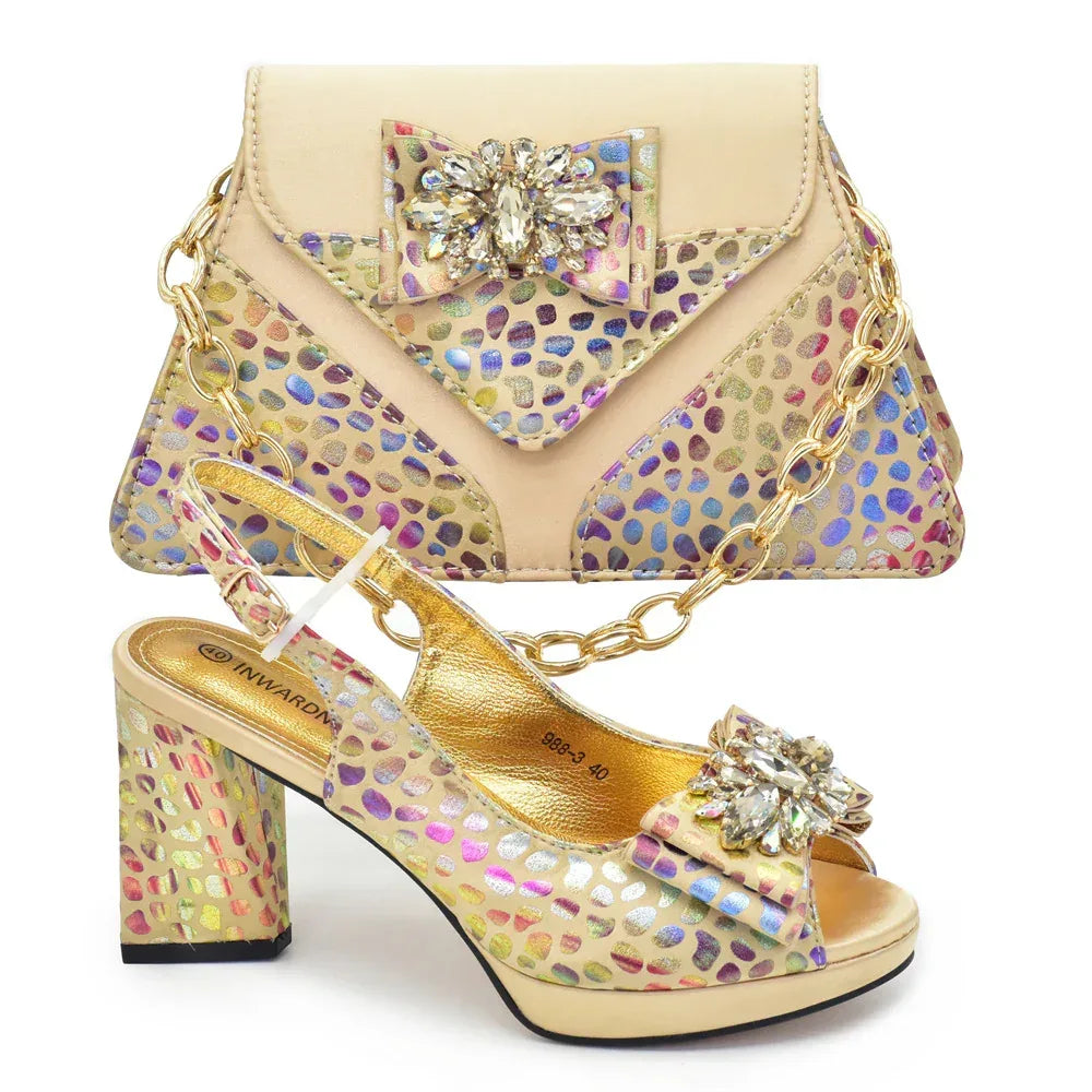 Diamond Peep Toe Chunky Heel Shoes & Evening Bag Set - Styeenigma