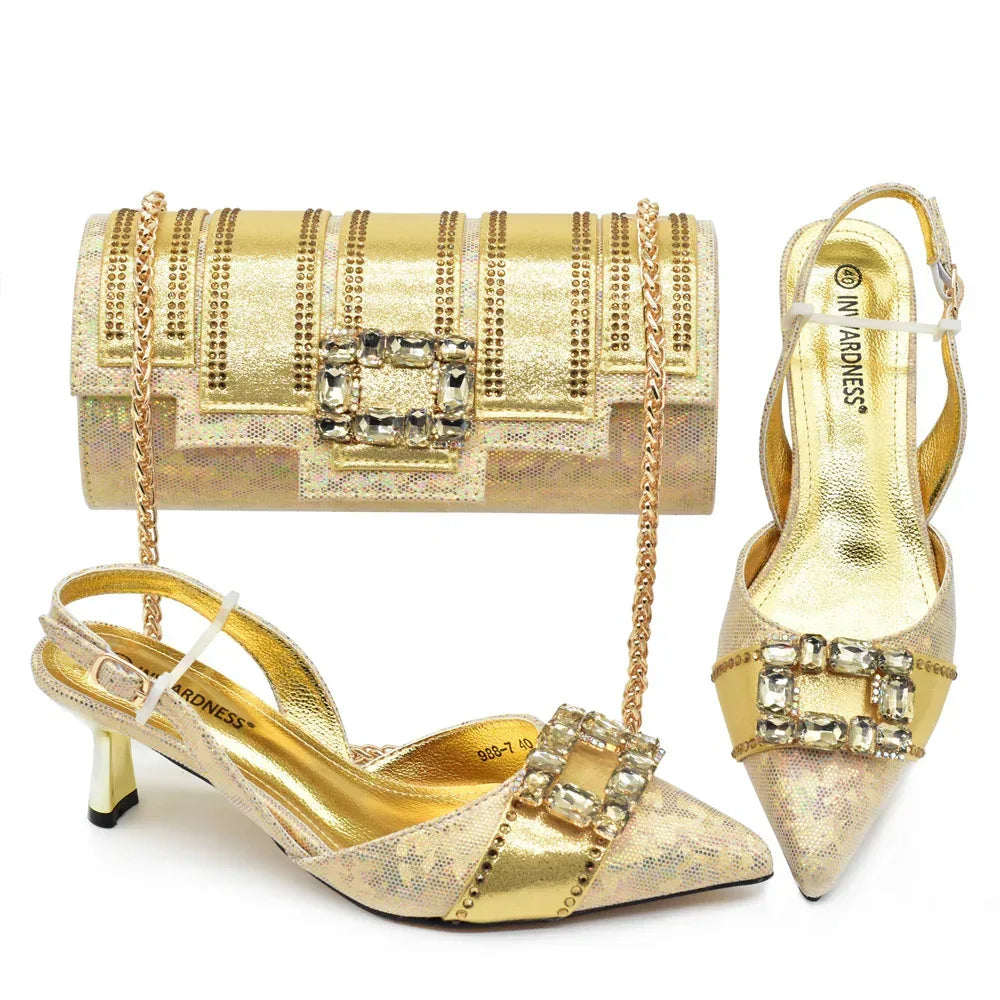 Diamond Pointed Toe Heels & Evening Bag With Rhinestone Set - Styeenigma