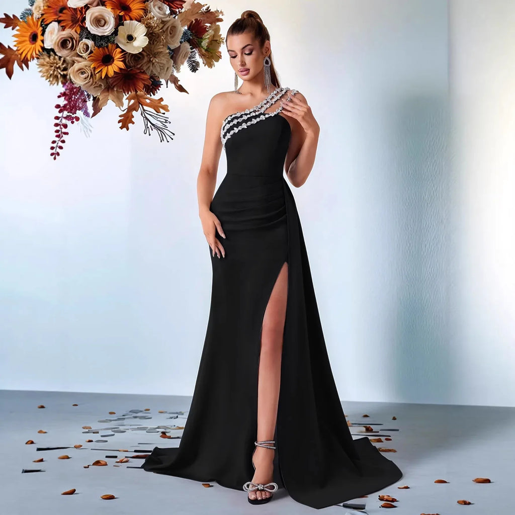 Luxury One-Shoulder Beaded Evening Gown – Bodycon Slit Formal Dress - Styeenigma