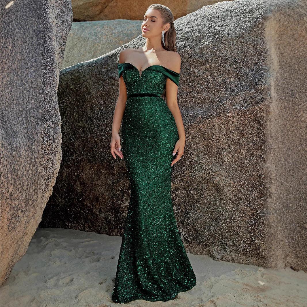 Sequin Off-the-Shoulder Mermaid Evening Gown with Slit Formal Dress - Styeenigma