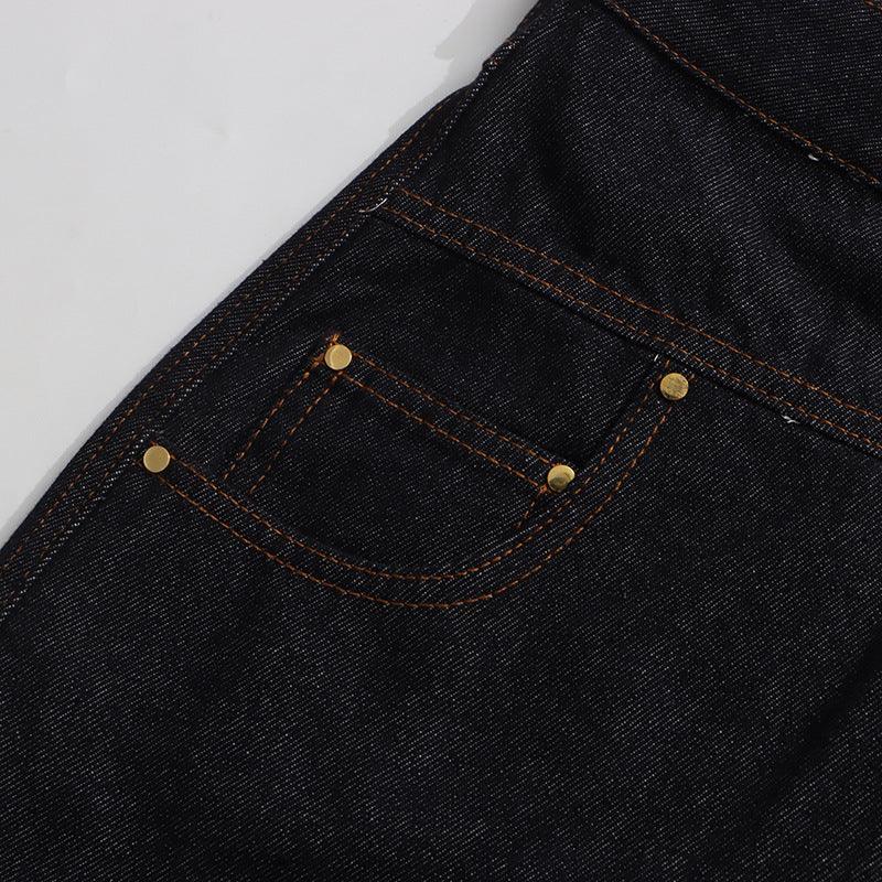 High Waist Rivet Button Straight Wide-Leg Denim Jeans Pants for Women - Styeenigma