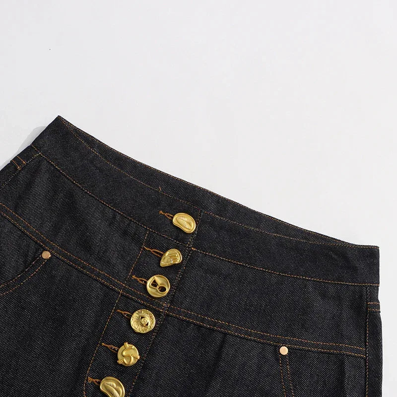 High Waist Single-Row Gold Button Denim A-Line Mini Skirt for Women - Styeenigma