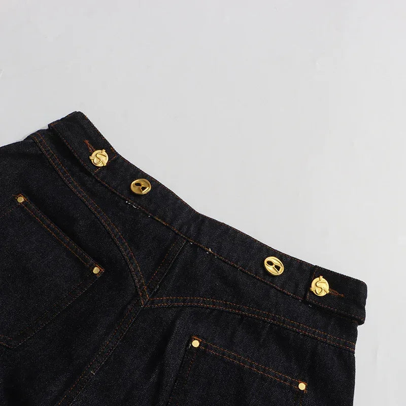 High Waist Rivet Button Straight Wide-Leg Denim Jeans Pants for Women - Styeenigma