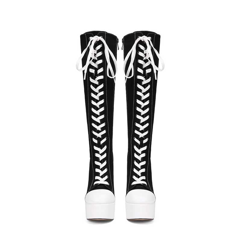 Women’s Black White Knee High Platform Stiletto Sneaker Boots Lace Up High Heel Boots
