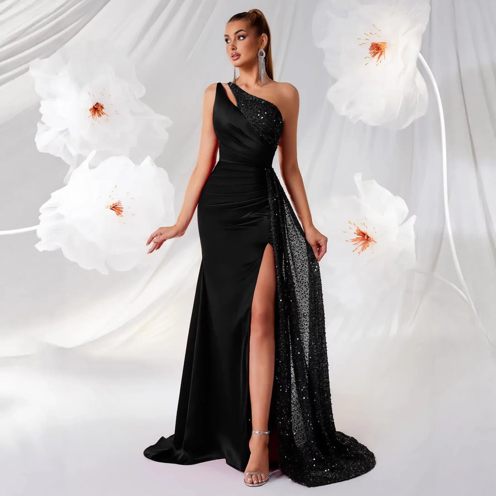 Single Shoulder Sequin Prom Dress with High Slit – Long Evening Gown - Styeenigma