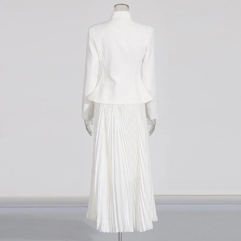 Elegant Women’s Two-Piece Set – 3D Embroidered Jacket & High-Waist Pleated Skirt - Styeenigma