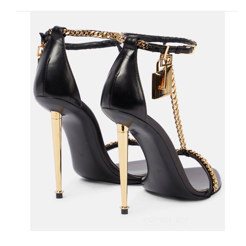 Gold Chain Stiletto Heels for Women – Metallic Sandals with Ankle Strap & Tassel Charm - Styeenigma
