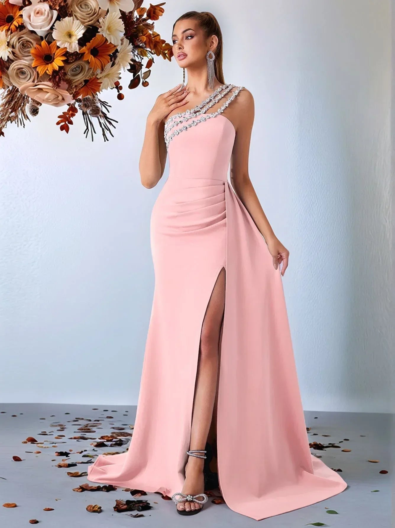 Luxury One-Shoulder Beaded Evening Gown – Bodycon Slit Formal Dress - Styeenigma