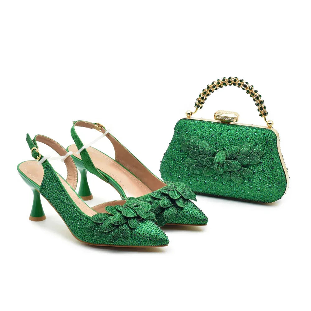 Leaf Appliqué Party Shoes & Matching Bag with Stiletto Heel - Styeenigma