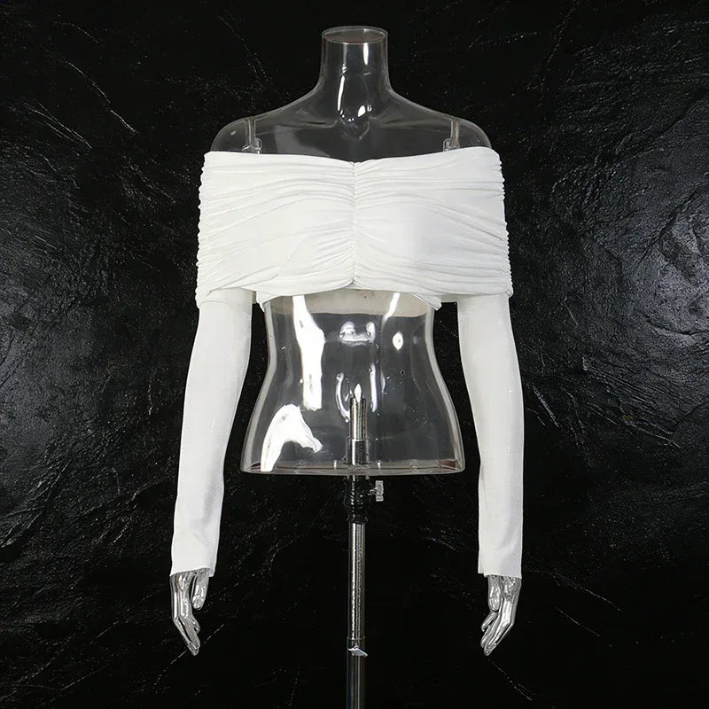 Minimalist Sexy Women’s Two-Piece Set – Off-Shoulder Long Sleeve Crop Top & Pleated Skirt - Styeenigma