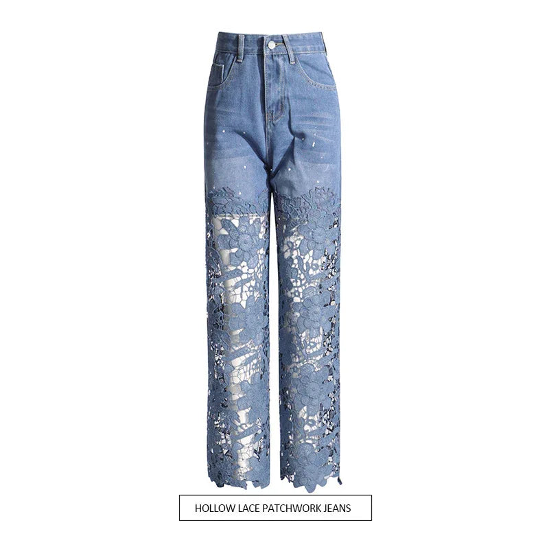 High Waist Lace Patchwork Straight-Leg Denim Pants for Women