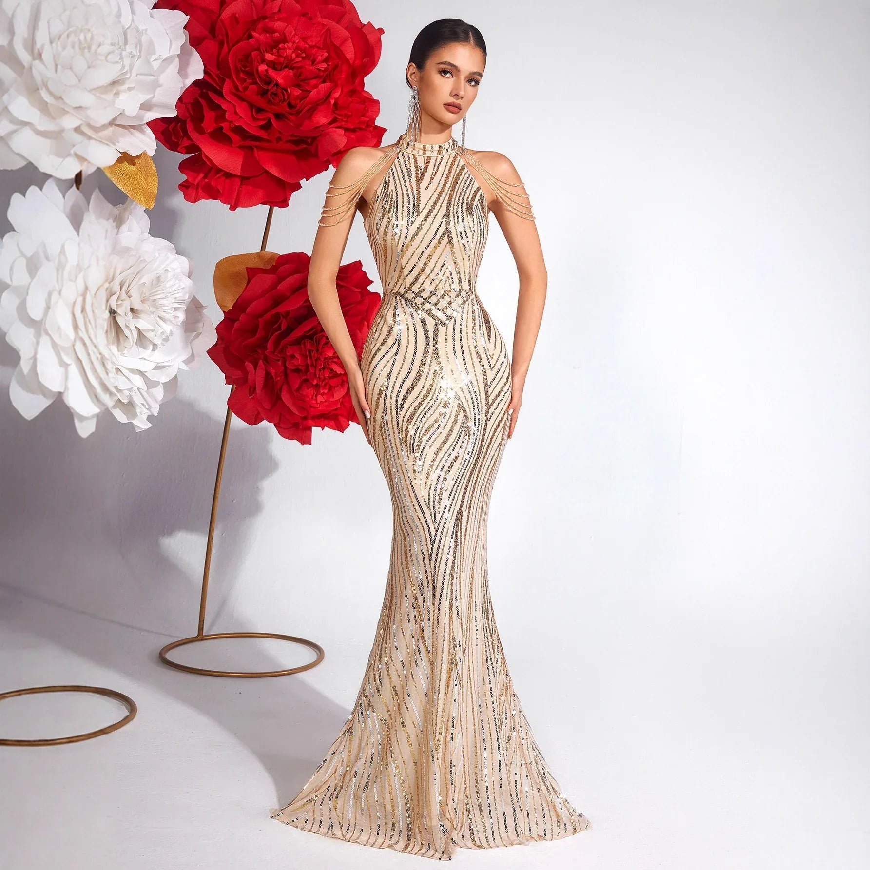 Sequined Halter Off-Shoulder Bodycon Evening Dress – Elegant Party & Birthday Gown - Styeenigma