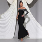 Rhinestone One-Shoulder Bandage Evening Gown – Off Shoulder Formal Maxi Dress - Styeenigma