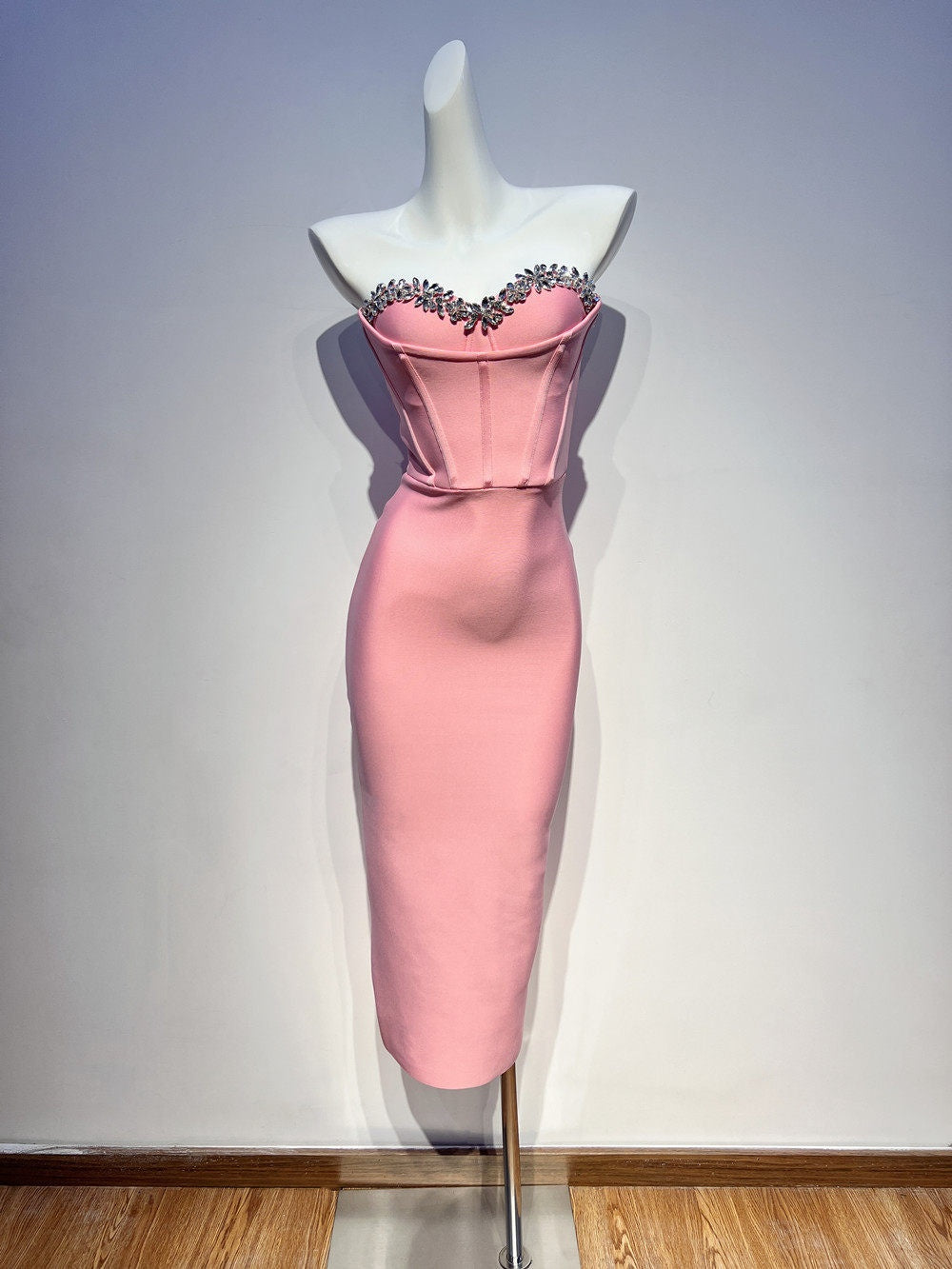Women's Strapless Midi Dress with Crystal Stud Detailing | Evening Party Dress