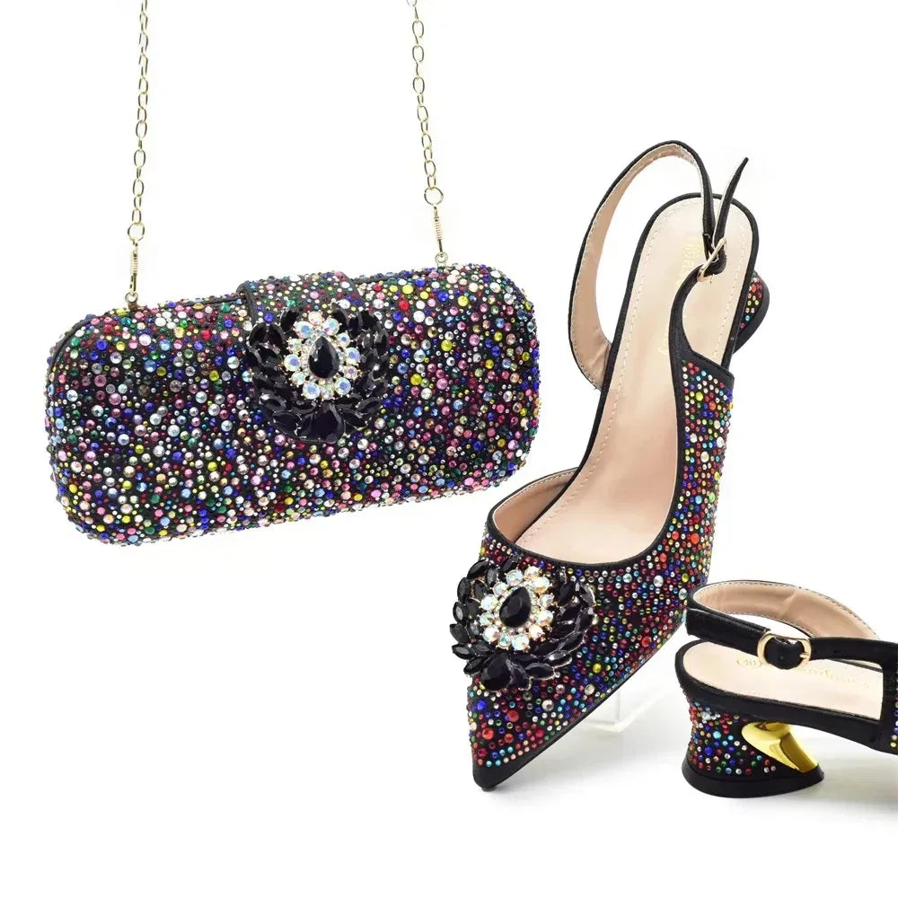 Rhinestone High Heel Shoes & Gemstone Hardbox Bag Set - Styeenigma