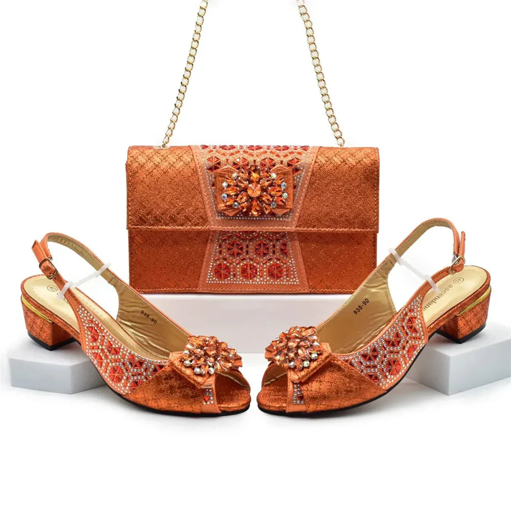Rhinestone Floral Buckle High Heel Shoes & Bag Set - Styeenigma