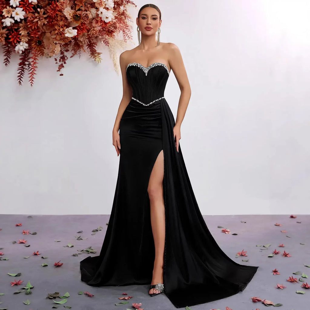 Strapless Rhinestone Bodycon High-Slit Evening Dress – Black Party Gown - Styeenigma