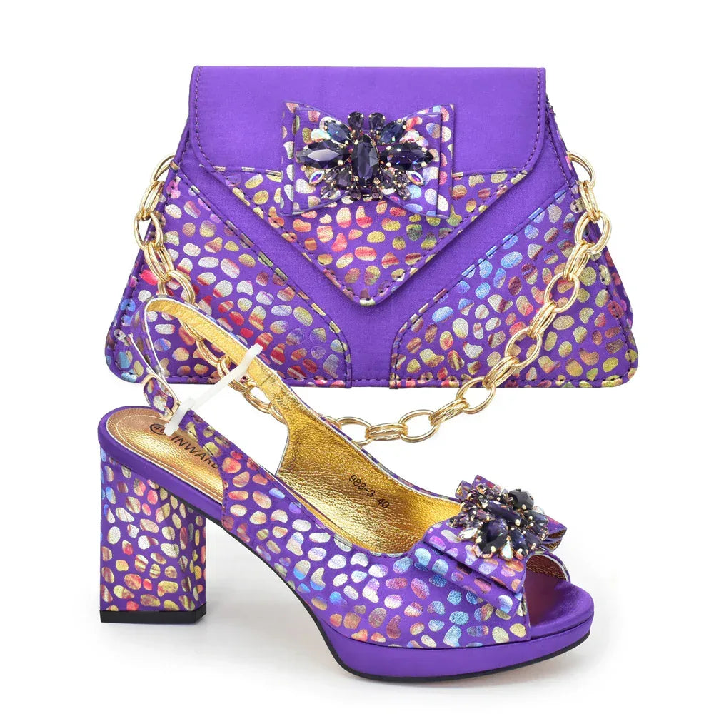 Diamond Peep Toe Chunky Heel Shoes & Evening Bag Set - Styeenigma