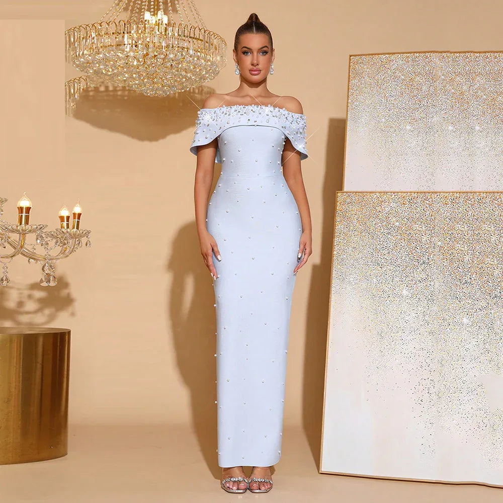 Off-the-Shoulder Beaded Bandage Dress – Rhinestone Embellished Evening Gown - Styeenigma