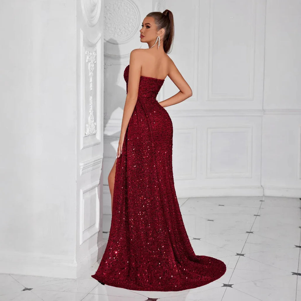 Strapless Evening Maxi Dress with High Slit – Long Sequin Prom Dress - Styeenigma