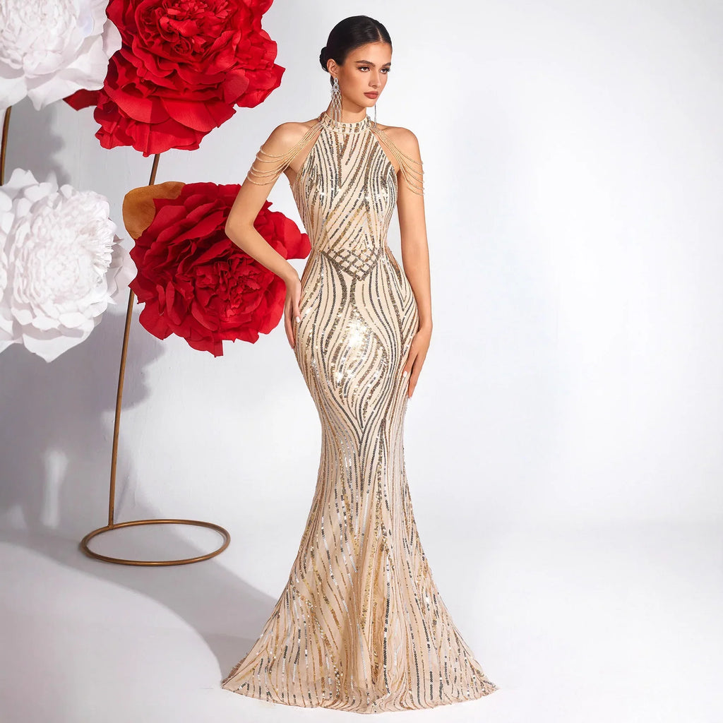 Sequined Halter Off-Shoulder Bodycon Evening Dress – Elegant Party & Birthday Gown - Styeenigma