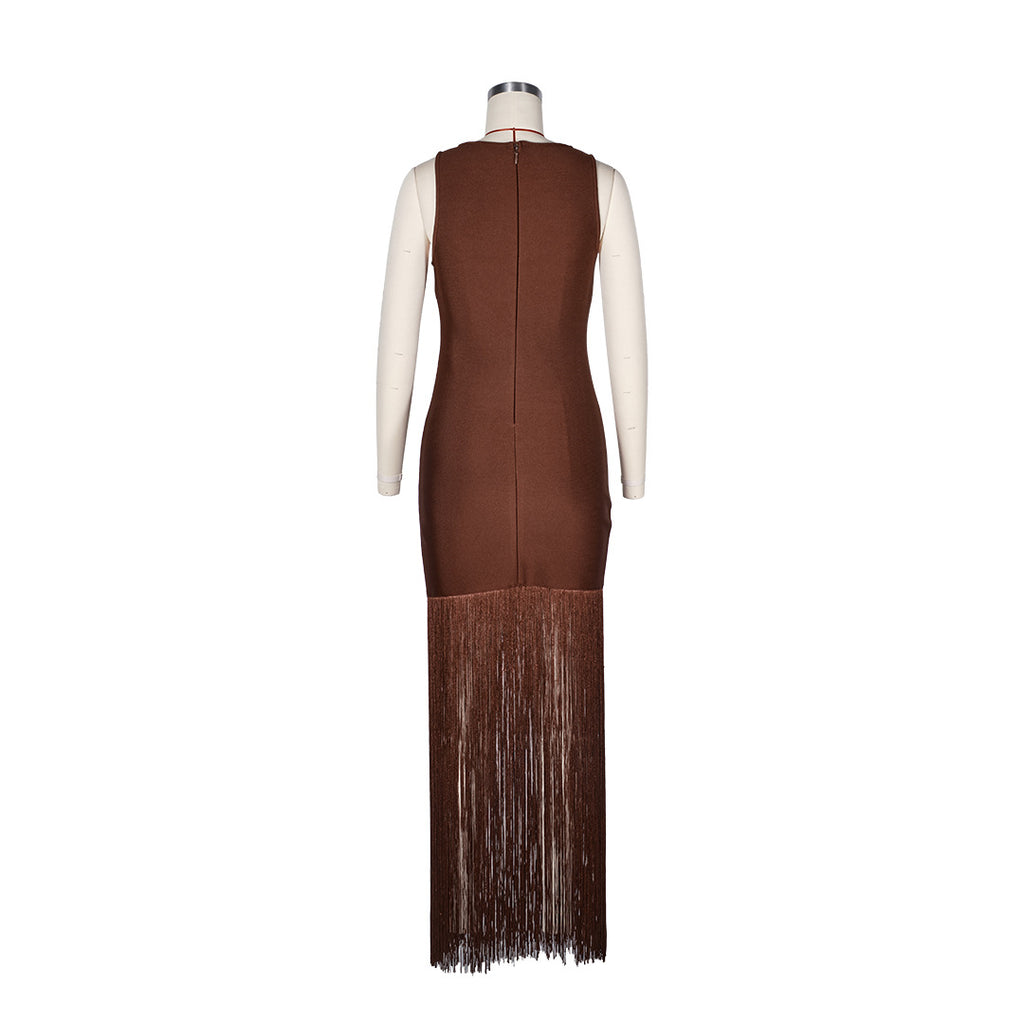 Sleeveless Bandage Dress with Fringe Hem – Coffee Party Gown for Women