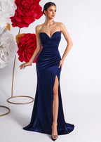 Strapless Navy Blue Mermaid Prom Dress with High Slit – Long Evening Gown - Styeenigma