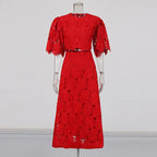 Elegant Two-Piece Set – Embroidered Hollow-Out Crewneck Top & High-Waist Skirt - Styeenigma