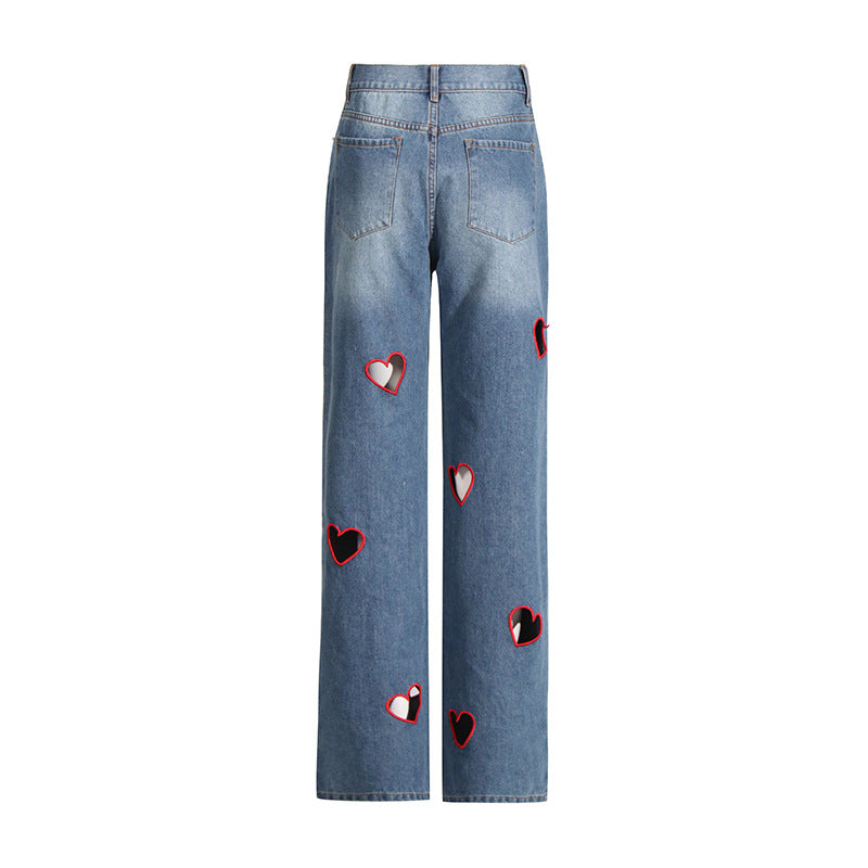 Straight-Leg High-Waist Denim Jeans – Hollow Heart Cut-Out Detail Pants