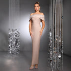 Off-the-Shoulder Beaded Bandage Dress – Rhinestone Embellished Evening Gown - Styeenigma
