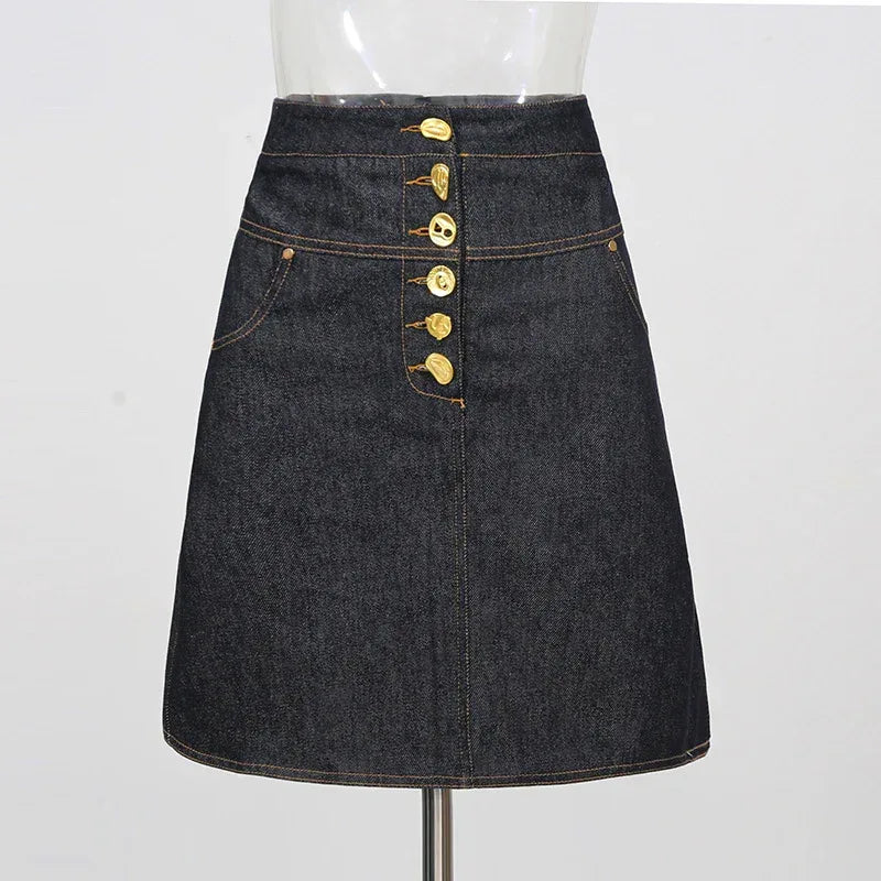 High Waist Single-Row Gold Button Denim A-Line Mini Skirt for Women - Styeenigma