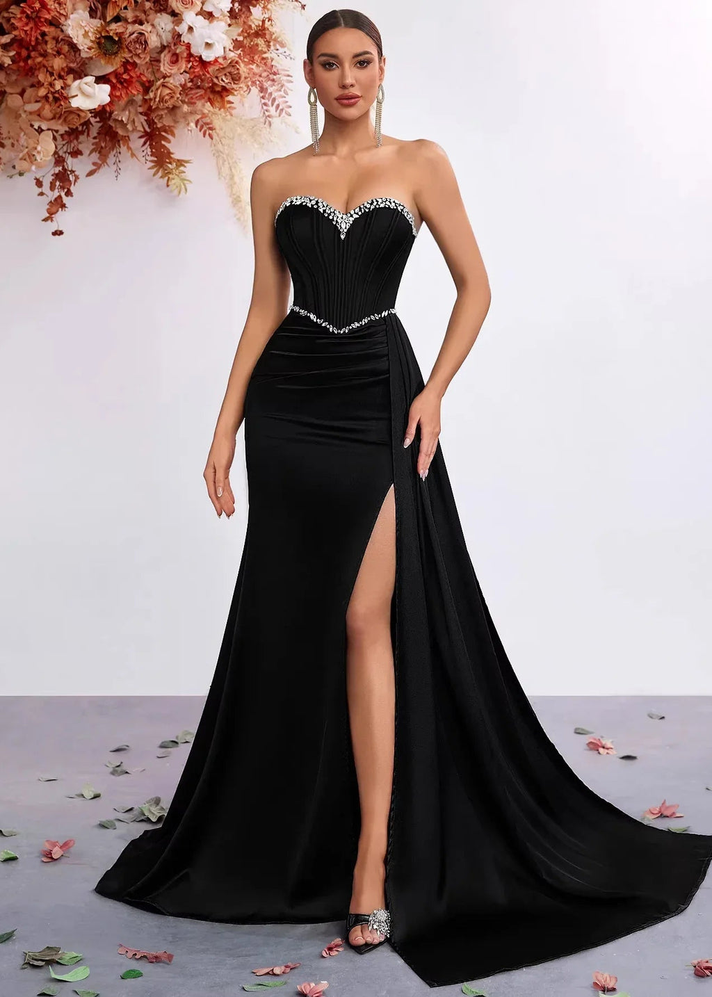 Strapless Rhinestone Bodycon High-Slit Evening Dress – Black Party Gown - Styeenigma