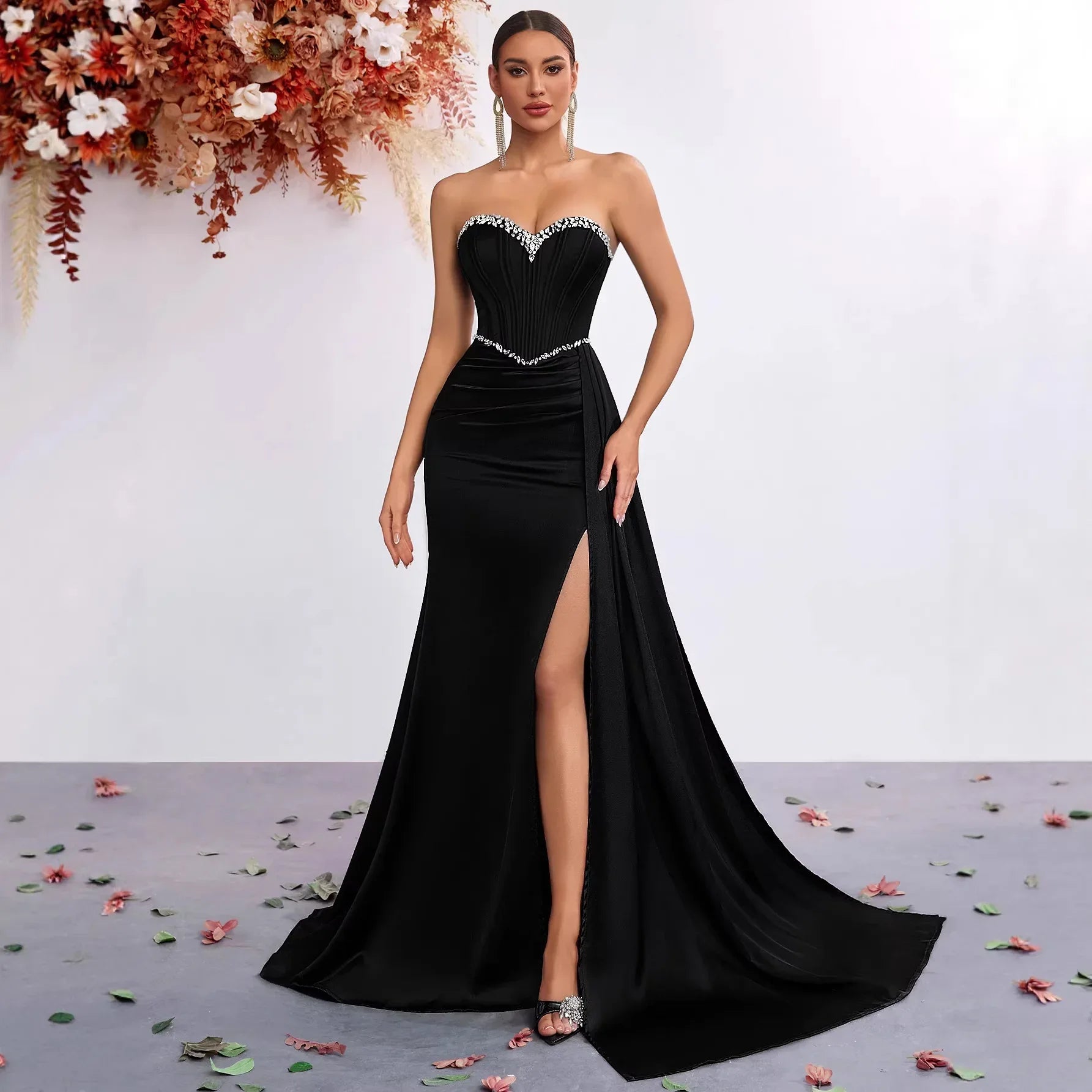 Strapless Rhinestone Bodycon High-Slit Evening Dress – Black Party Gown - Styeenigma