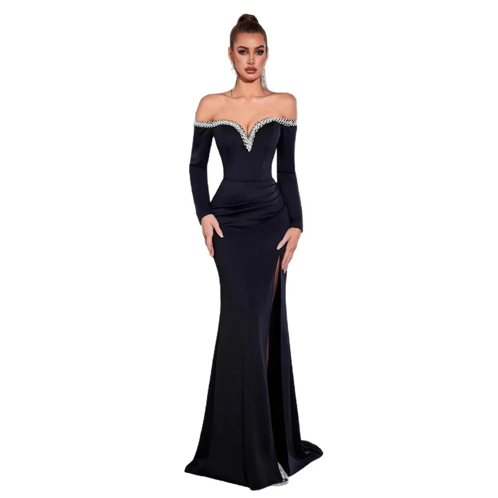Long Sleeve Strapless Rhinestone Embellished Mermaid Evening Gown Dress - Styeenigma
