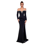 Long Sleeve Strapless Rhinestone Embellished Mermaid Evening Gown Dress - Styeenigma