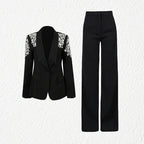Women’s Black Suit Two-Piece Set – Rhinestone Blazer & High-Waist Straight Leg Pantsuit - Styeenigma